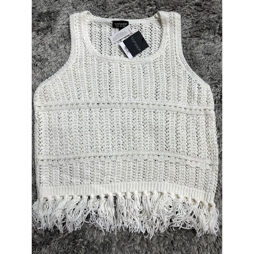 TopshopWhite Stretch Crochet Knit Boho W/Fringe Tank sleeveles Top Cami Size 12